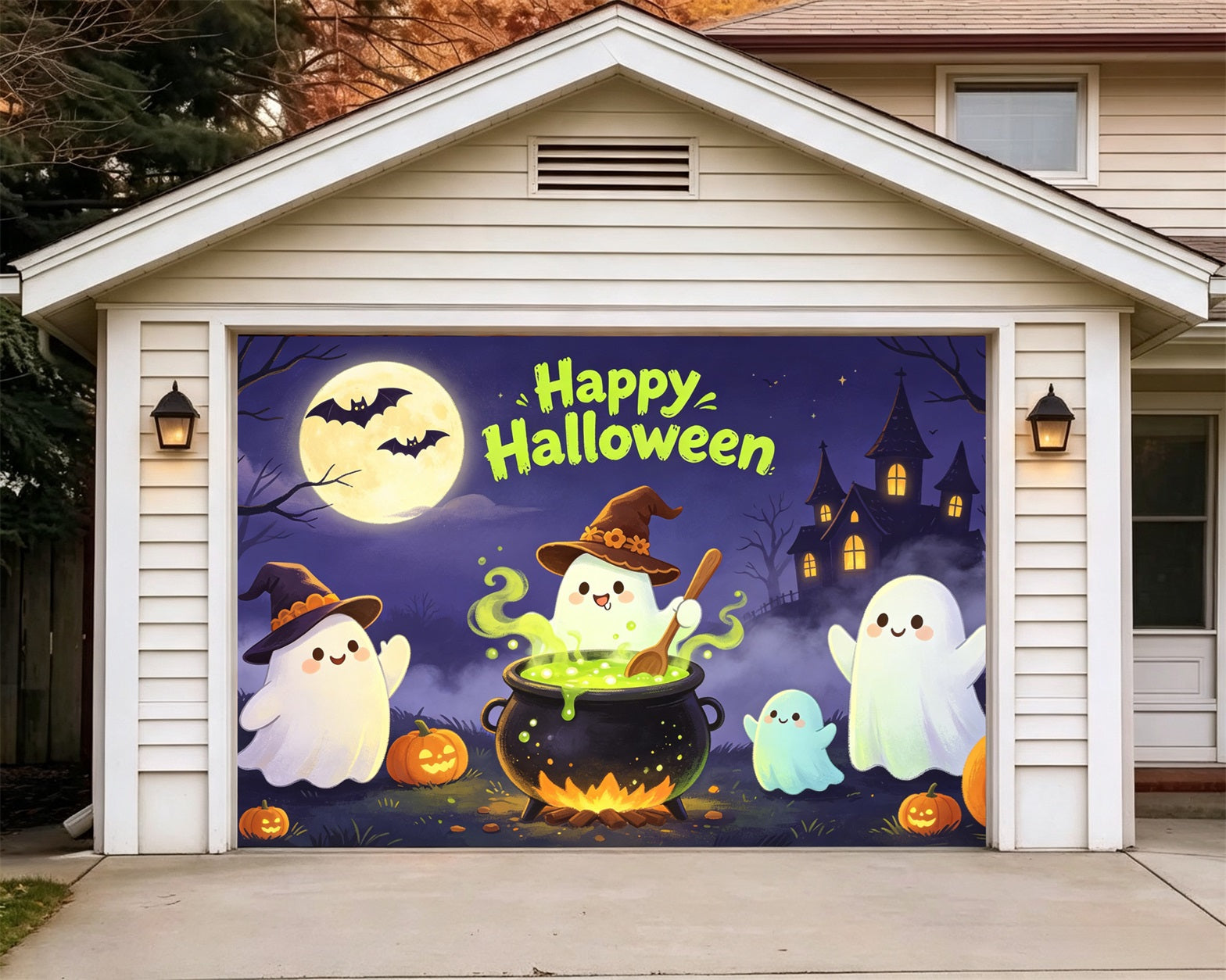 Ghost Halloween Garage Door Cover Cheerful Cauldron Party Halloween Garage Door Decoration GQ67-67-1 car
