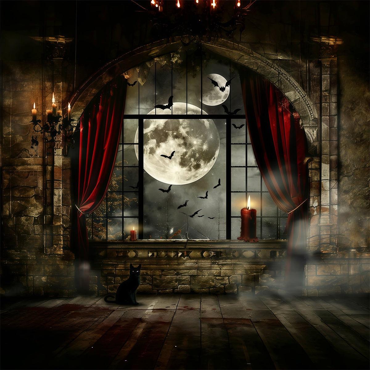 Halloween Moon Backdrop Black Cat Gothic Window Garage Door Poster GQ67-7