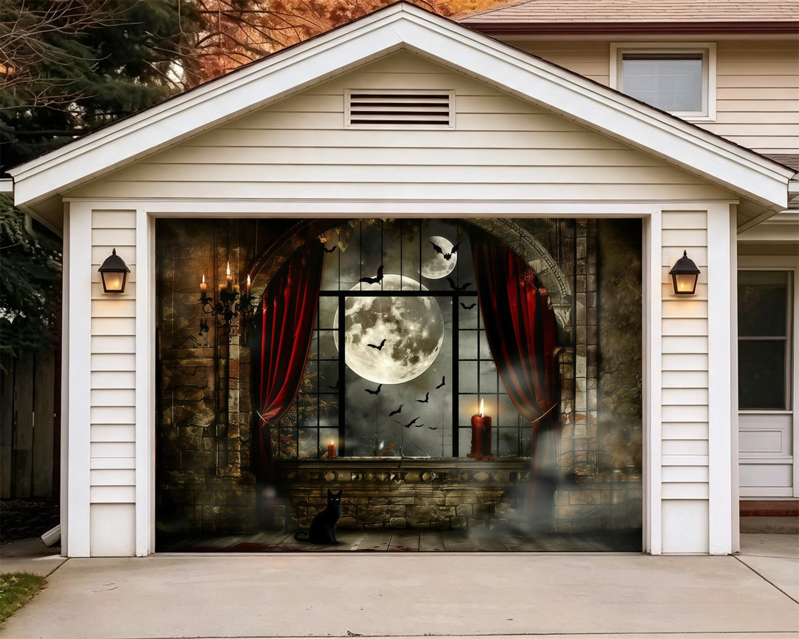 Halloween Moon Backdrop Black Cat Gothic Window Garage Door Poster GQ67-7-1 car