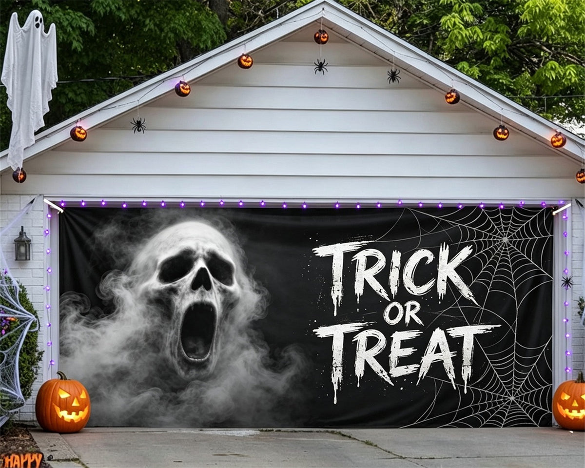 Ghost Halloween Garage Door Cover Smoky Skull Webs Halloween Outdoor Garage Decorations GQ67-71-2 car