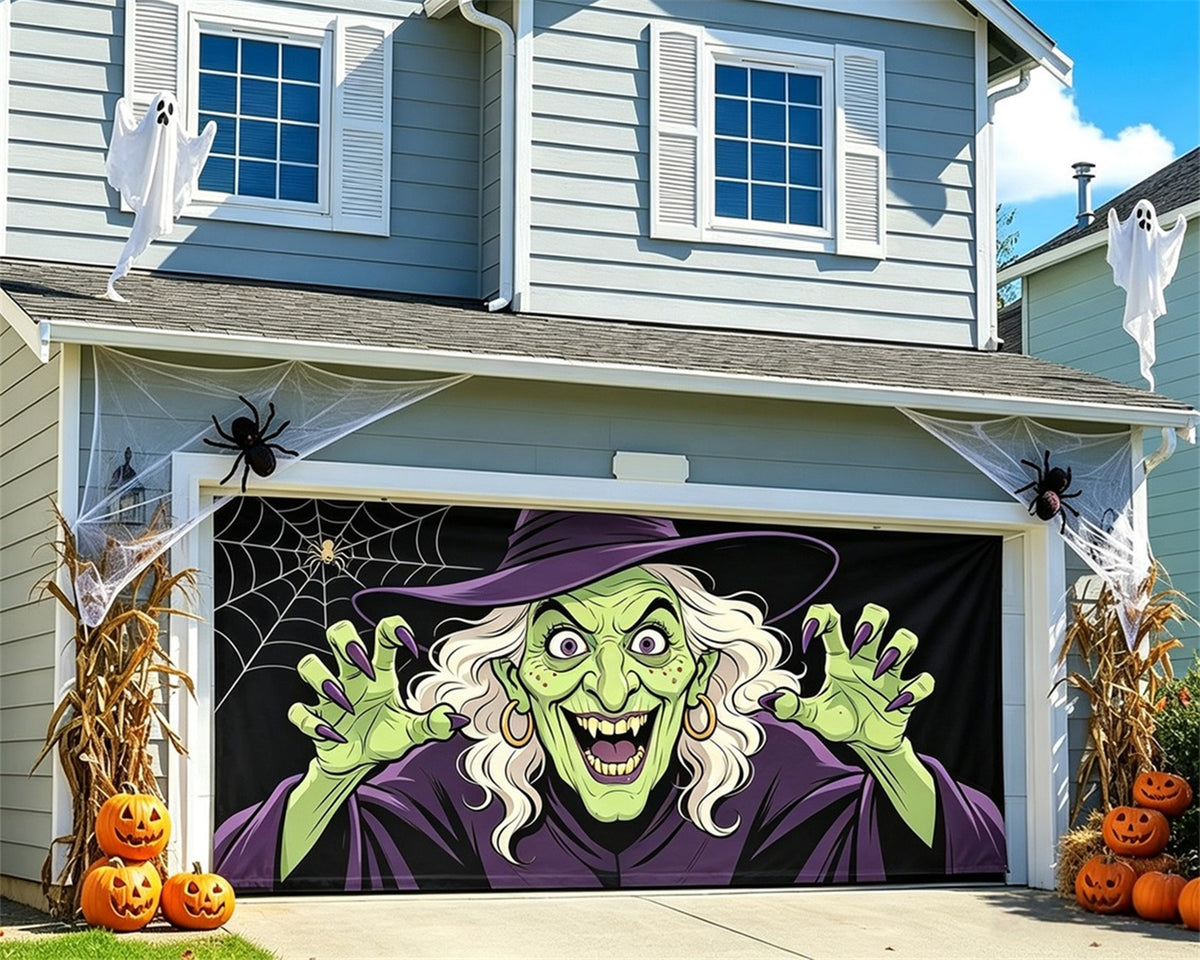 Witch Halloween Garage Door Cover Grinning Green Webs Halloween House Garage Decorations GQ67-72-2 car