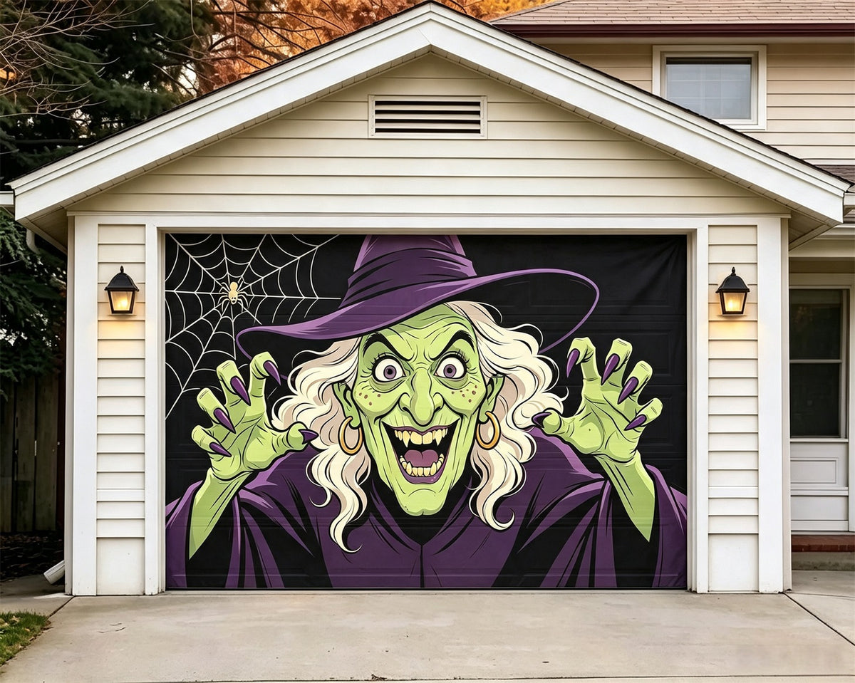 Witch Halloween Garage Door Cover Grinning Green Webs Halloween House Garage Decorations GQ67-72-1 car