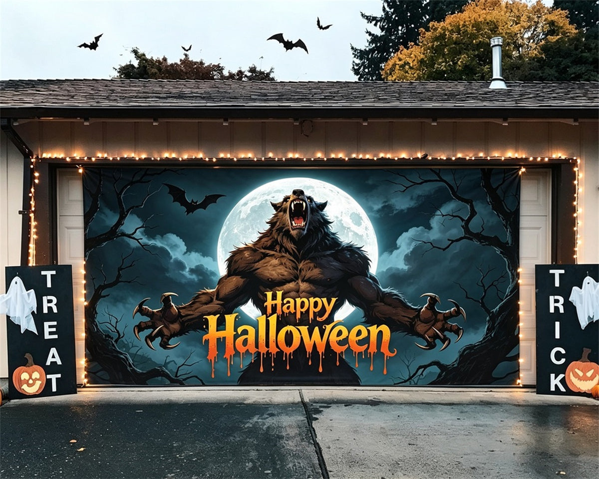Spooky Halloween Garage Door Cover Moonlit Roaring Werewolf Halloween Porch Garage Door Decor GQ67-75-2 car