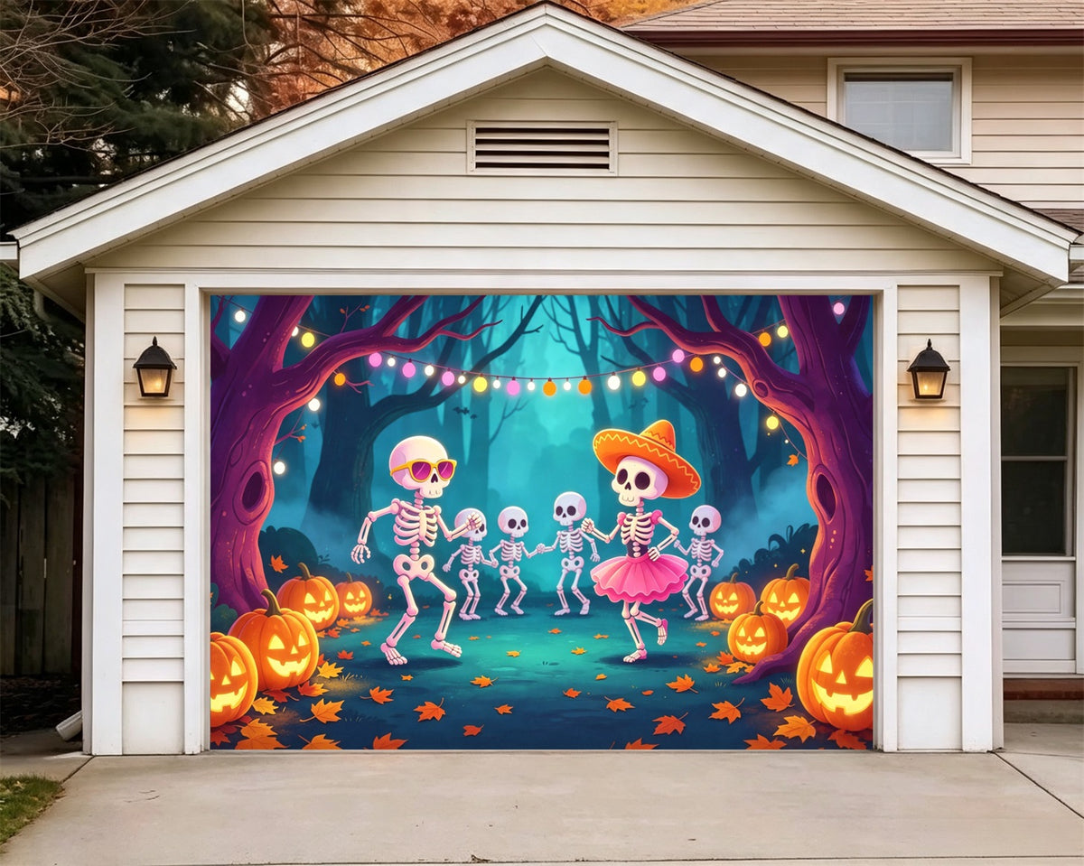 Skeleton Halloween Garage Door Banner Forest Dance Party Halloween Garage Door Decorations GQ67-78-1 car
