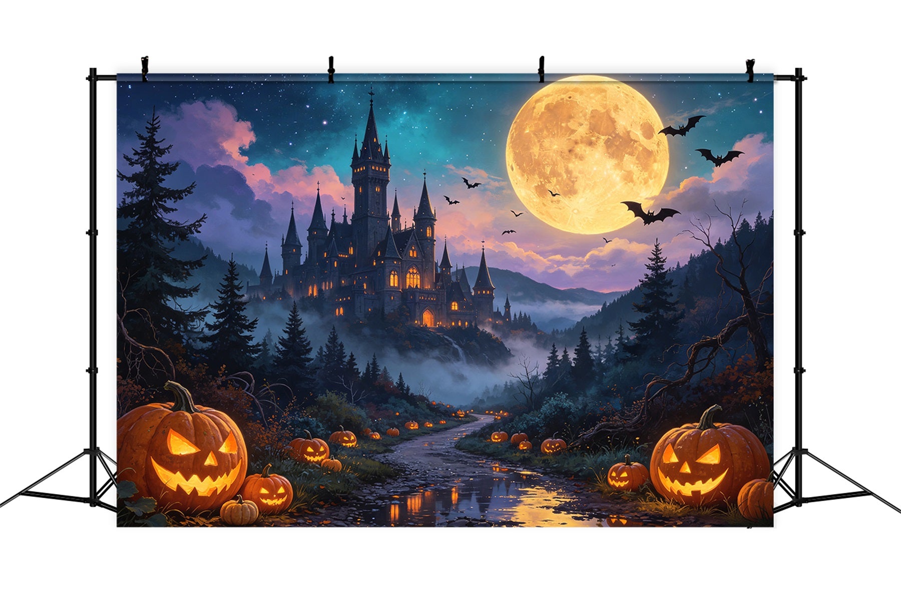 Halloween Pumpkin Backdrop Moonlit Pumpkin Castle Valley Haunted Backdrops GQ67-79