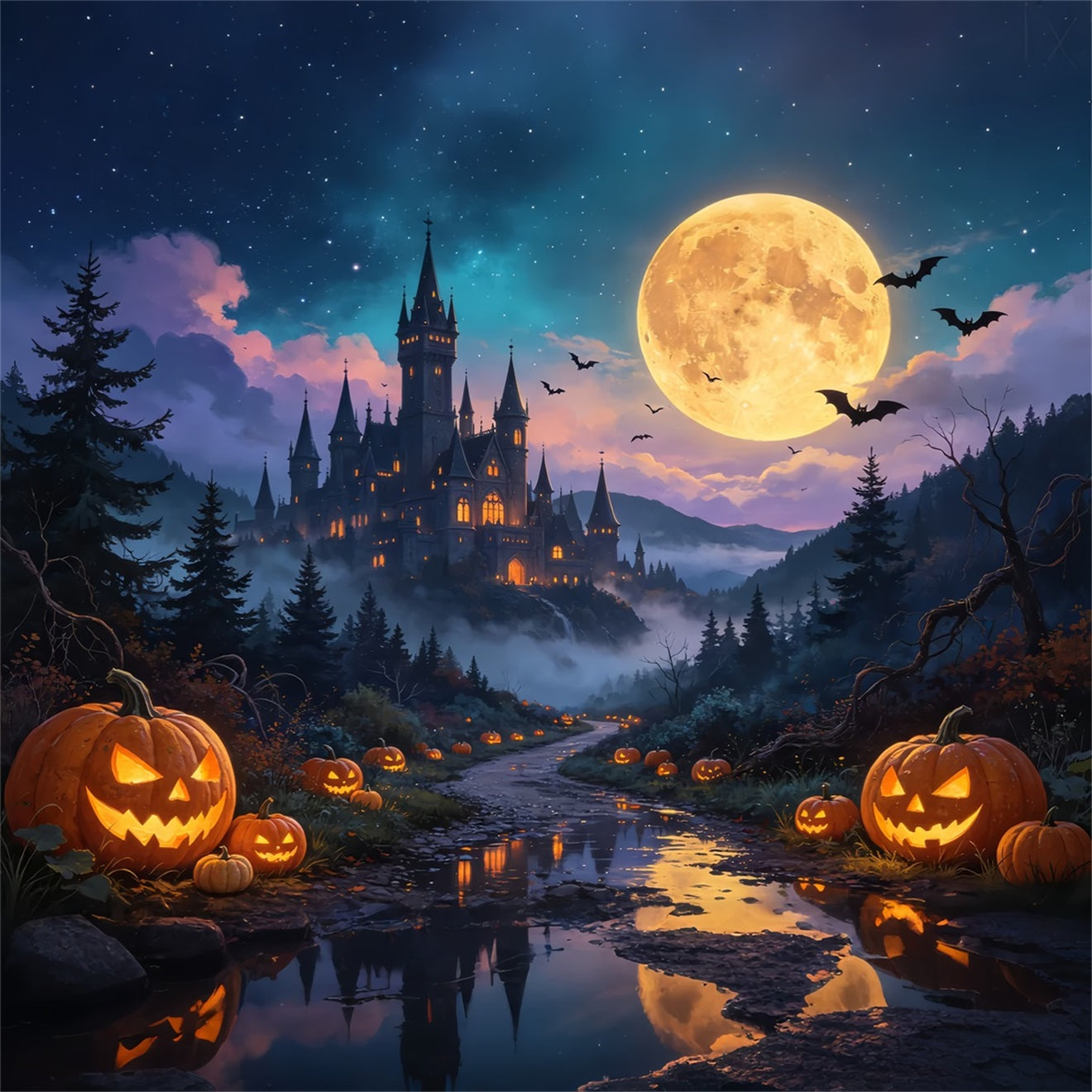 Halloween Pumpkin Backdrop Moonlit Pumpkin Castle Valley Haunted Backdrops GQ67-79