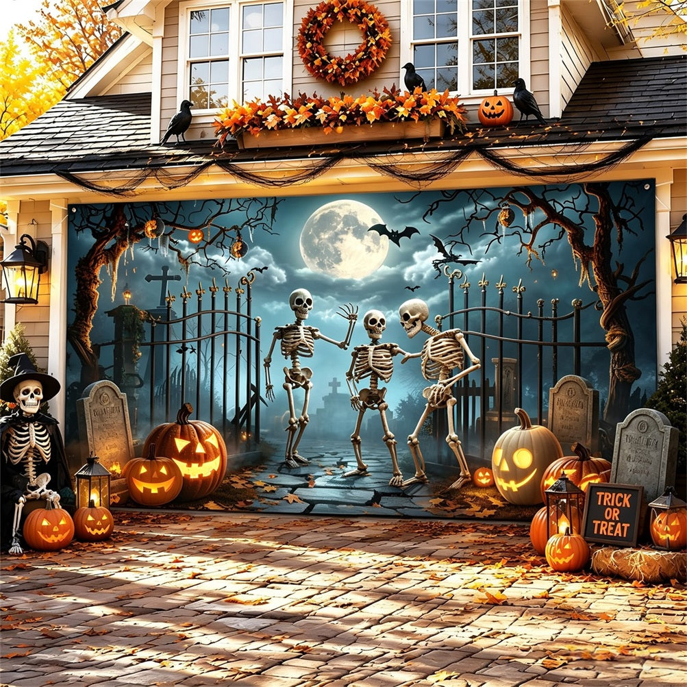 Halloween Skeleton Backdrop Cemetery Party Halloween Garage Door Tapestry GQ67-8