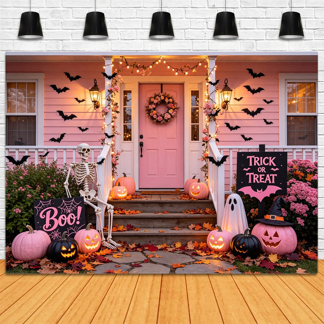 Pink Pumpkin Backdrop Pink Skeleton Porch Display Vintage Halloween Backdrop GQ67-80