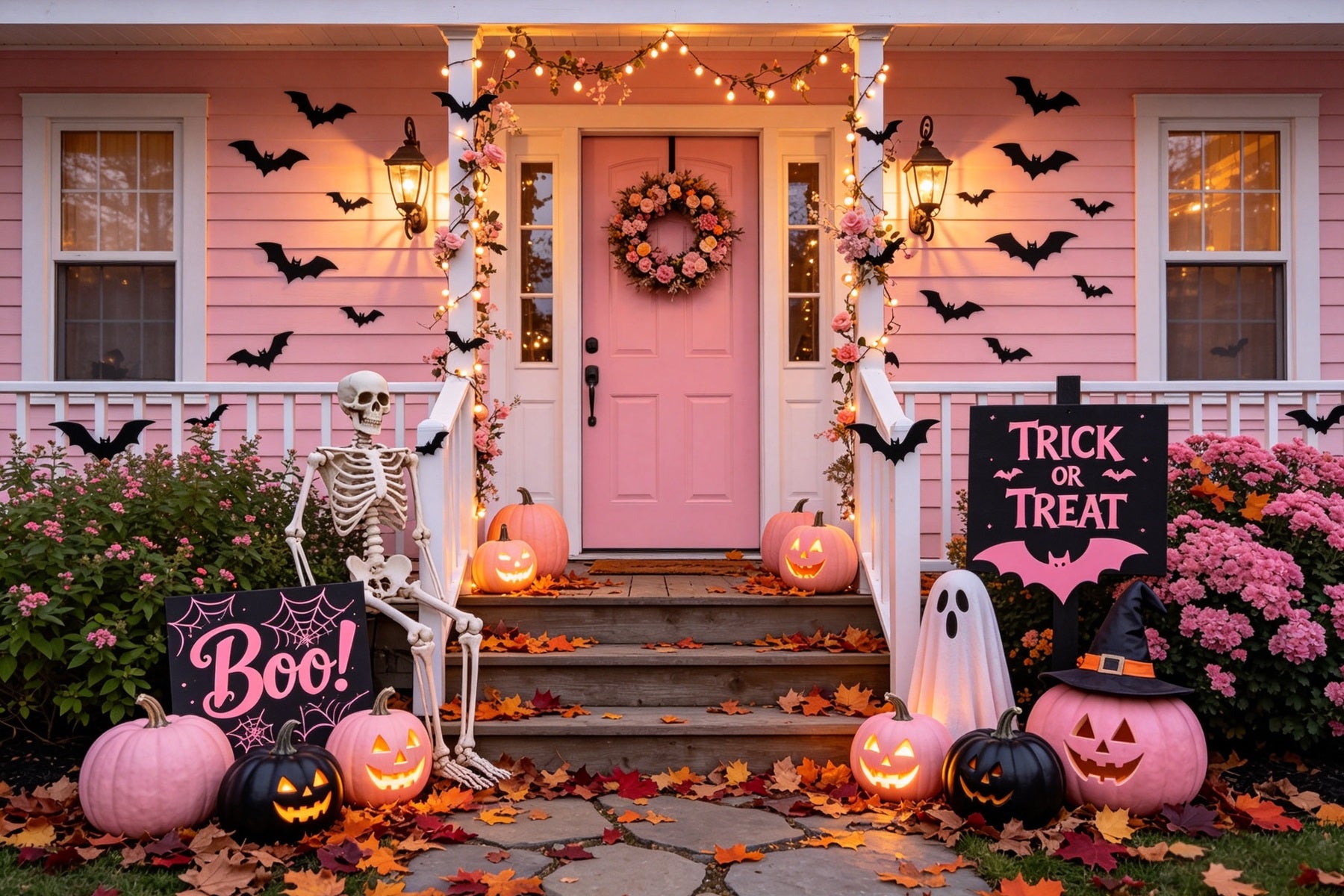 Pink Pumpkin Backdrop Pink Skeleton Porch Display Vintage Halloween Backdrop GQ67-80