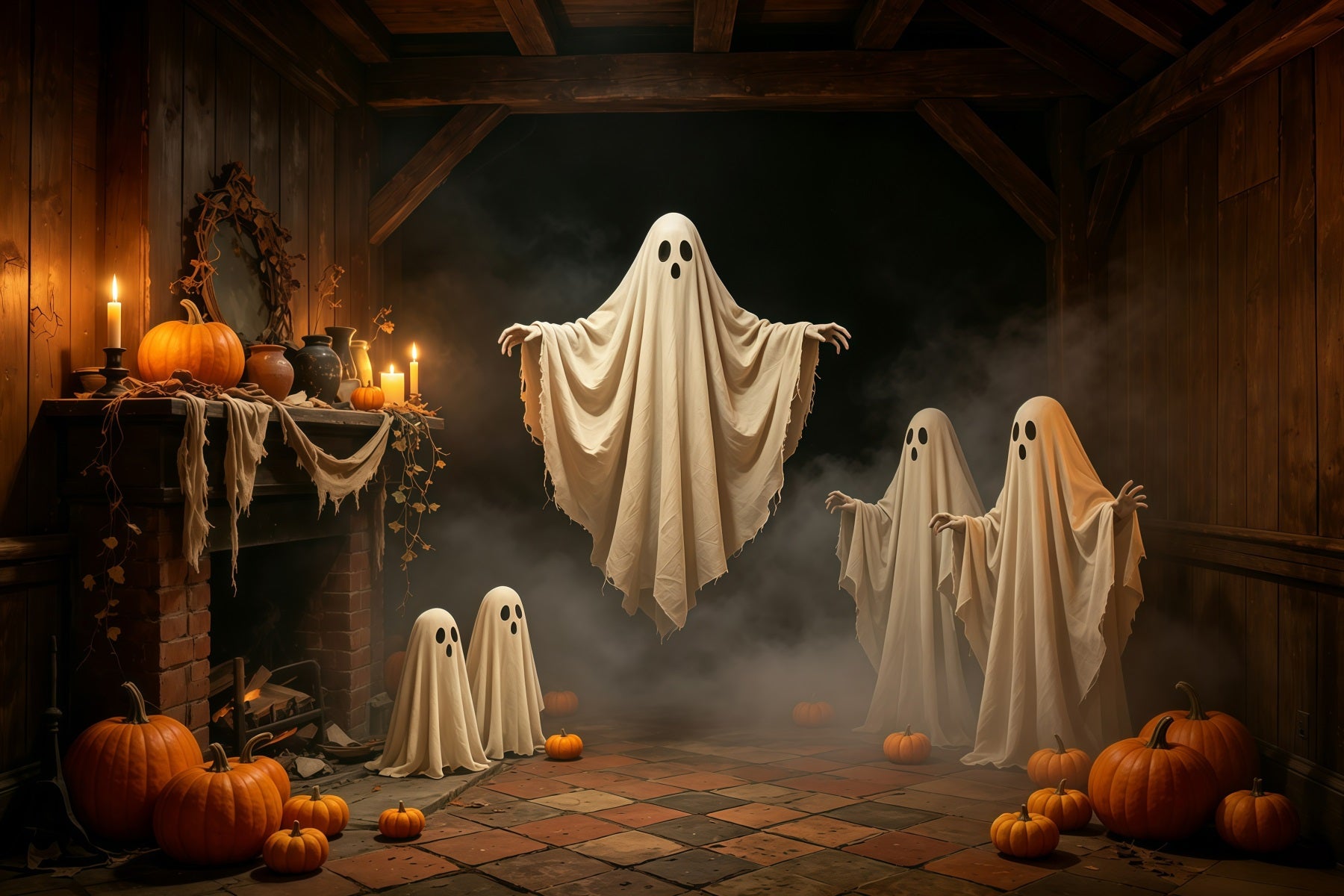Halloween Ghost Backdrop Candlelit Floating Gathering Gothic Halloween Backdrop GQ67-81