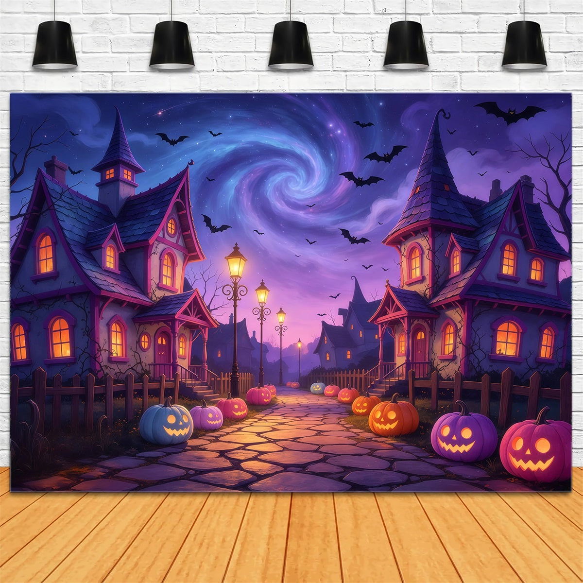 Spooky Town Backdrop Twilight Pumpkin Village Path Large Halloween Backdrops GQ67-83