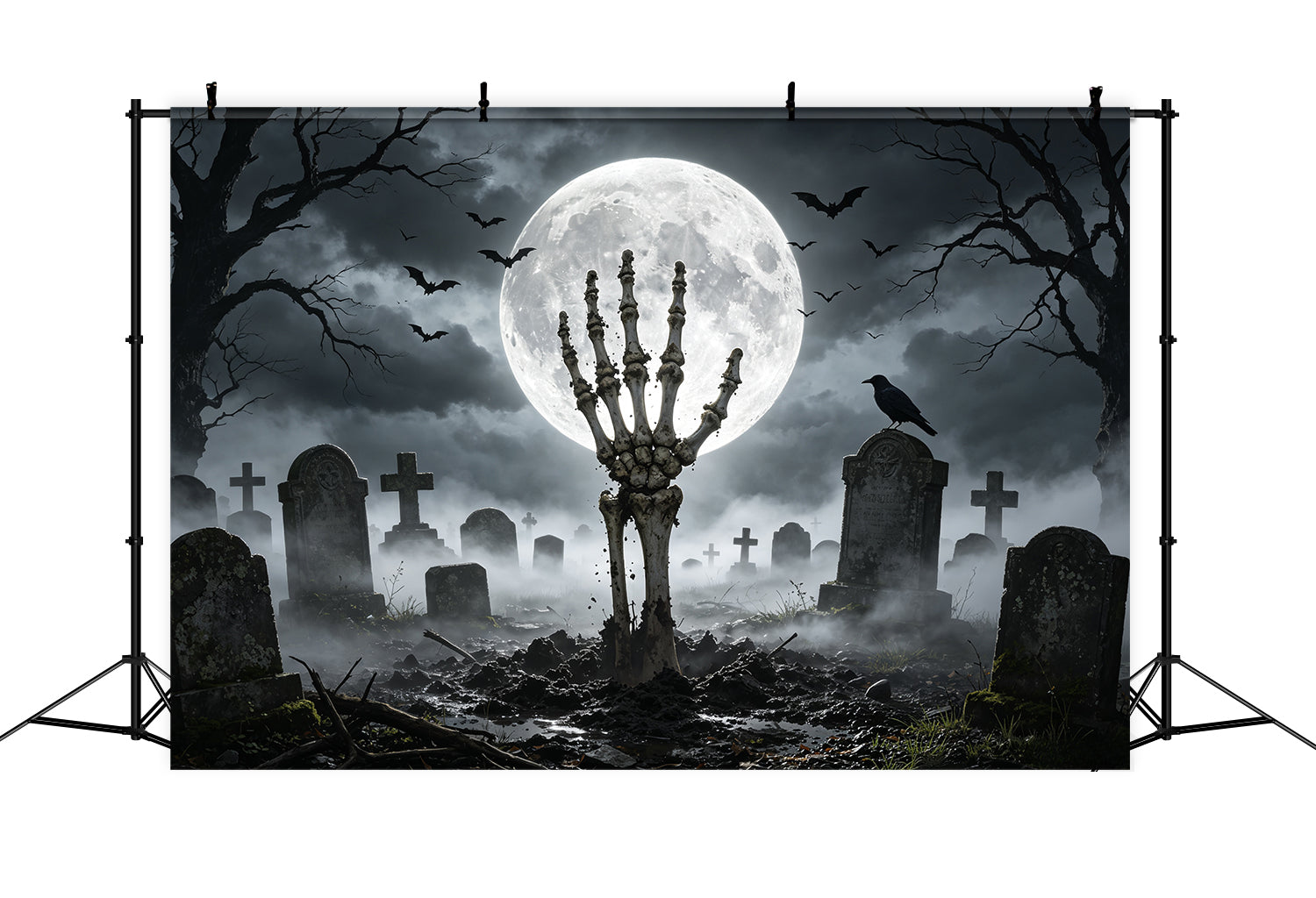 Halloween Graveyard Backdrops Moonlit Skeleton Hand Creepy Backdrops GQ67-84