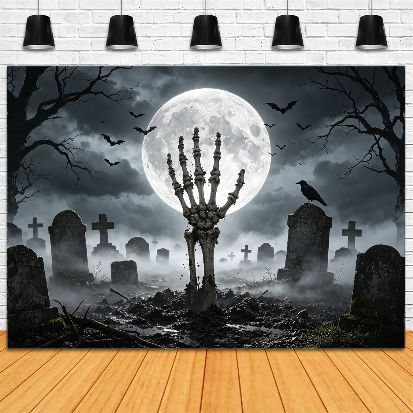 Halloween Graveyard Backdrops Moonlit Skeleton Hand Creepy Backdrops GQ67-84