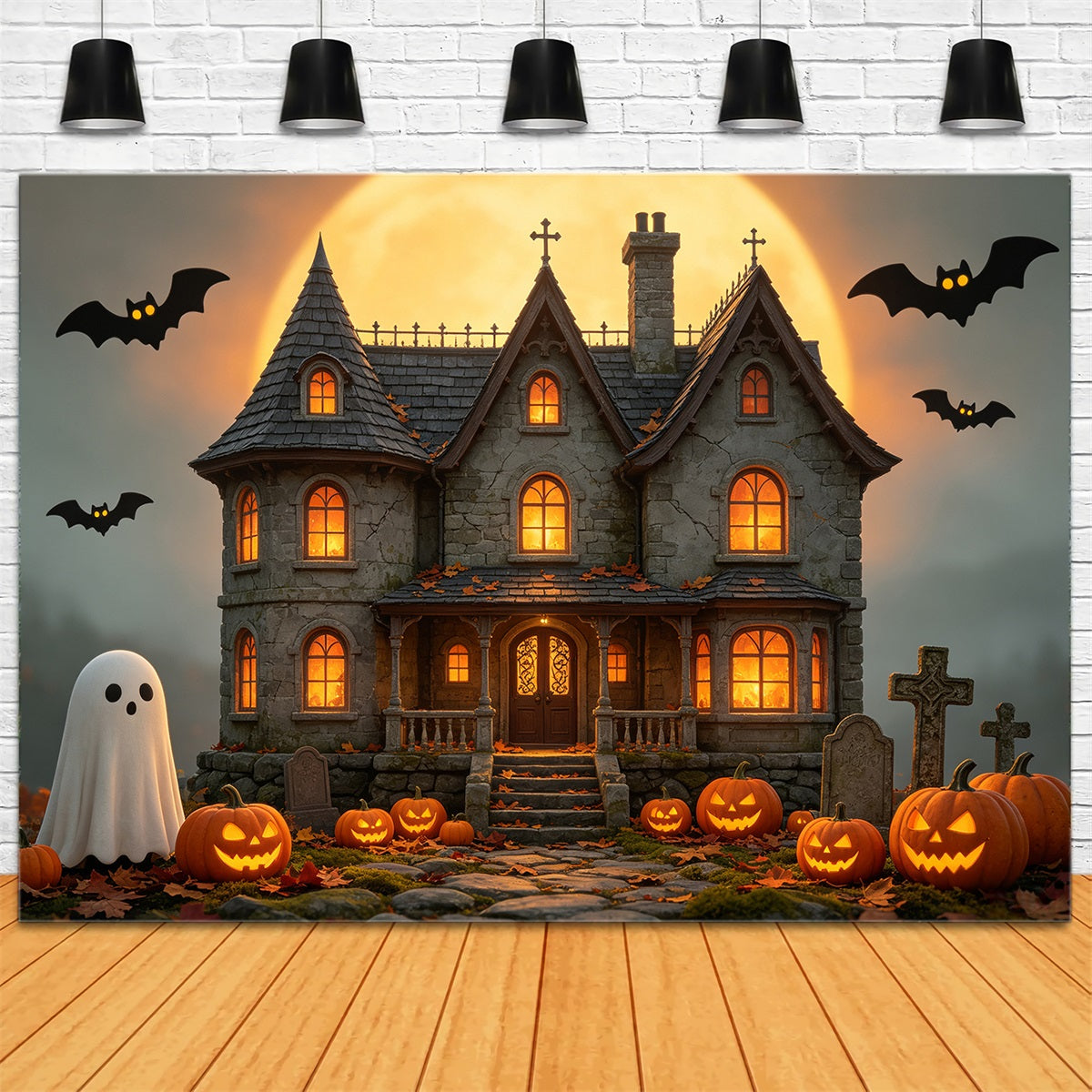 Halloween House Backdrop Golden Moon Haunted Manor Backdrops Halloween GQ67-85