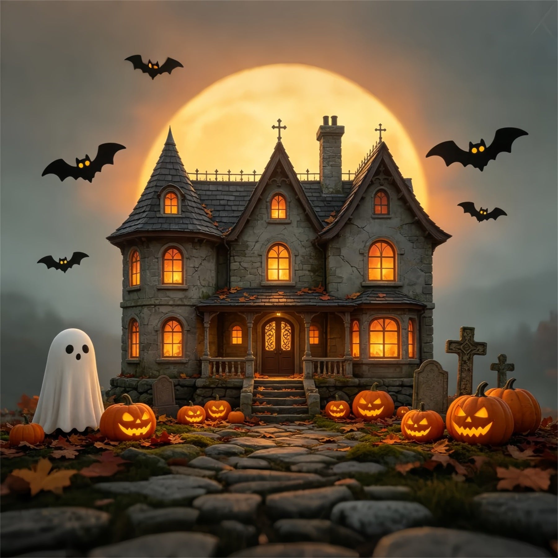 Halloween House Backdrop Golden Moon Haunted Manor Backdrops Halloween GQ67-85