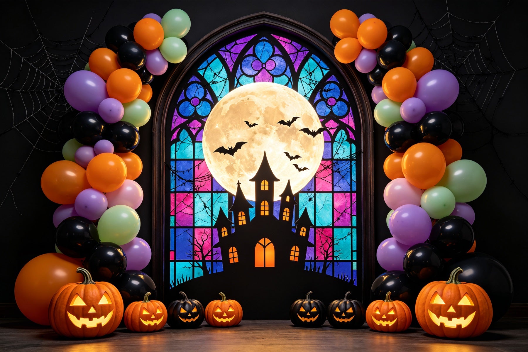 Halloween Balloon Backdrop Stained Glass Arch Halloween Photography Backdrops GQ67-86