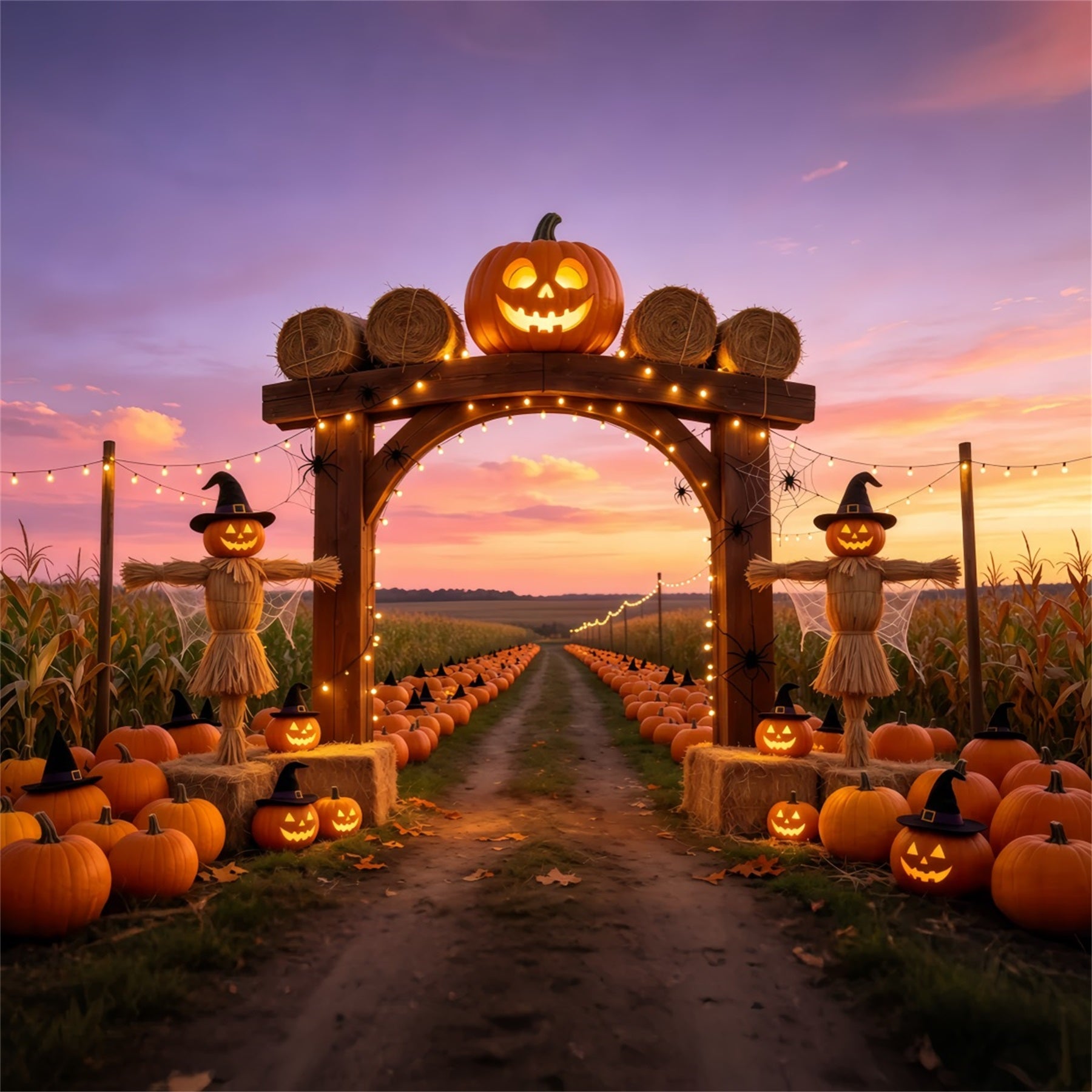 Pumpkin Patch Backdrop Ideas Sunset Scarecrow Farm Photography Halloween Backdrop GQ67-87