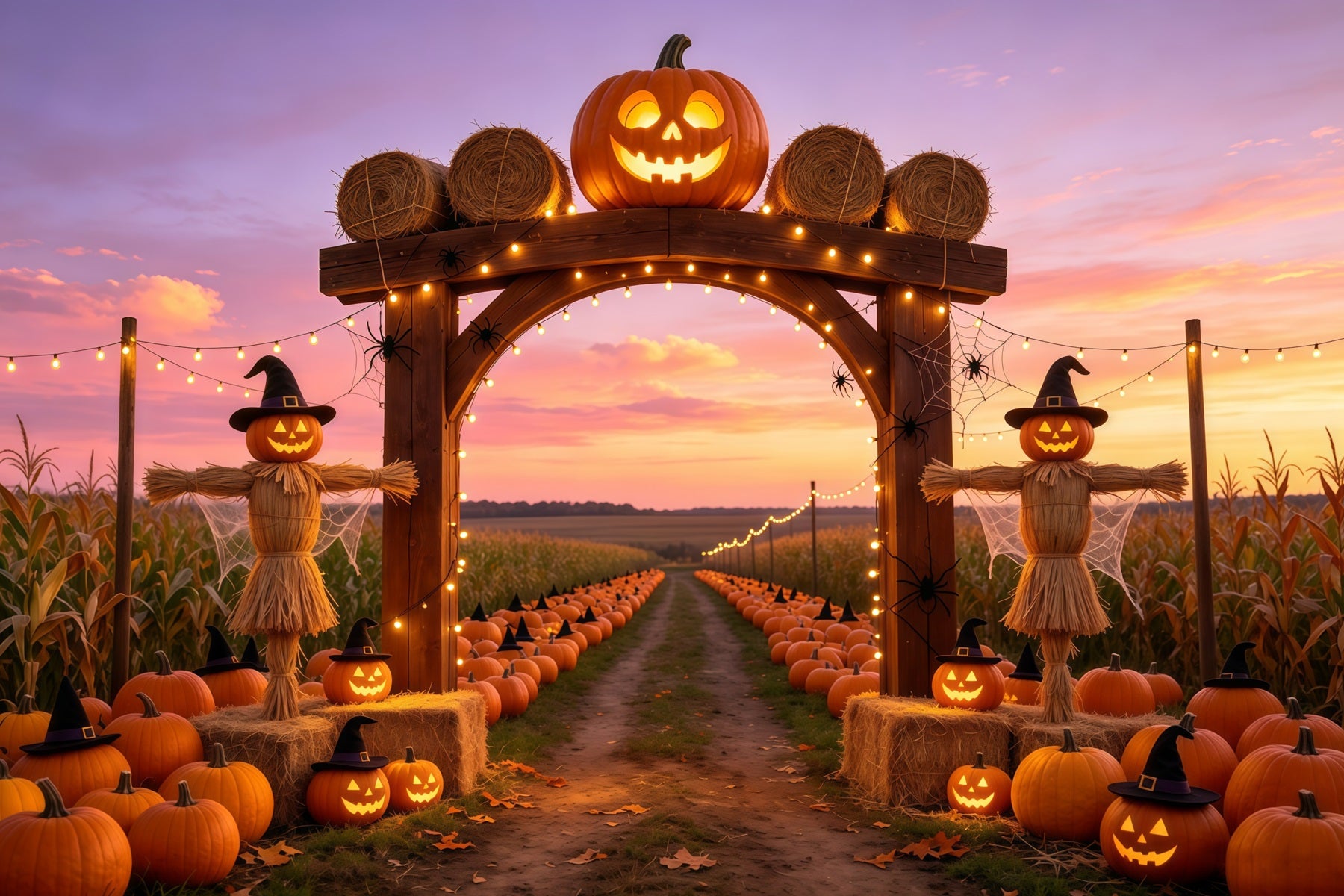Pumpkin Patch Backdrop Ideas Sunset Scarecrow Farm Photography Halloween Backdrop GQ67-87