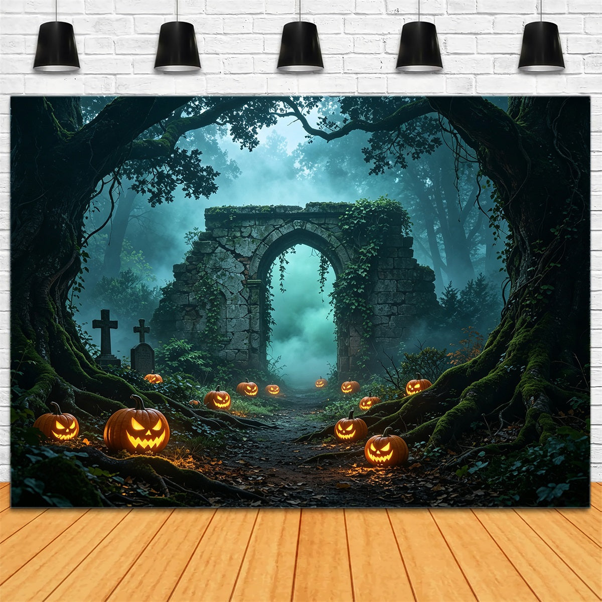 Halloween Forest Backdrop Misty Pumpkin Ruins Path Halloween Wall Backdrops GQ67-88