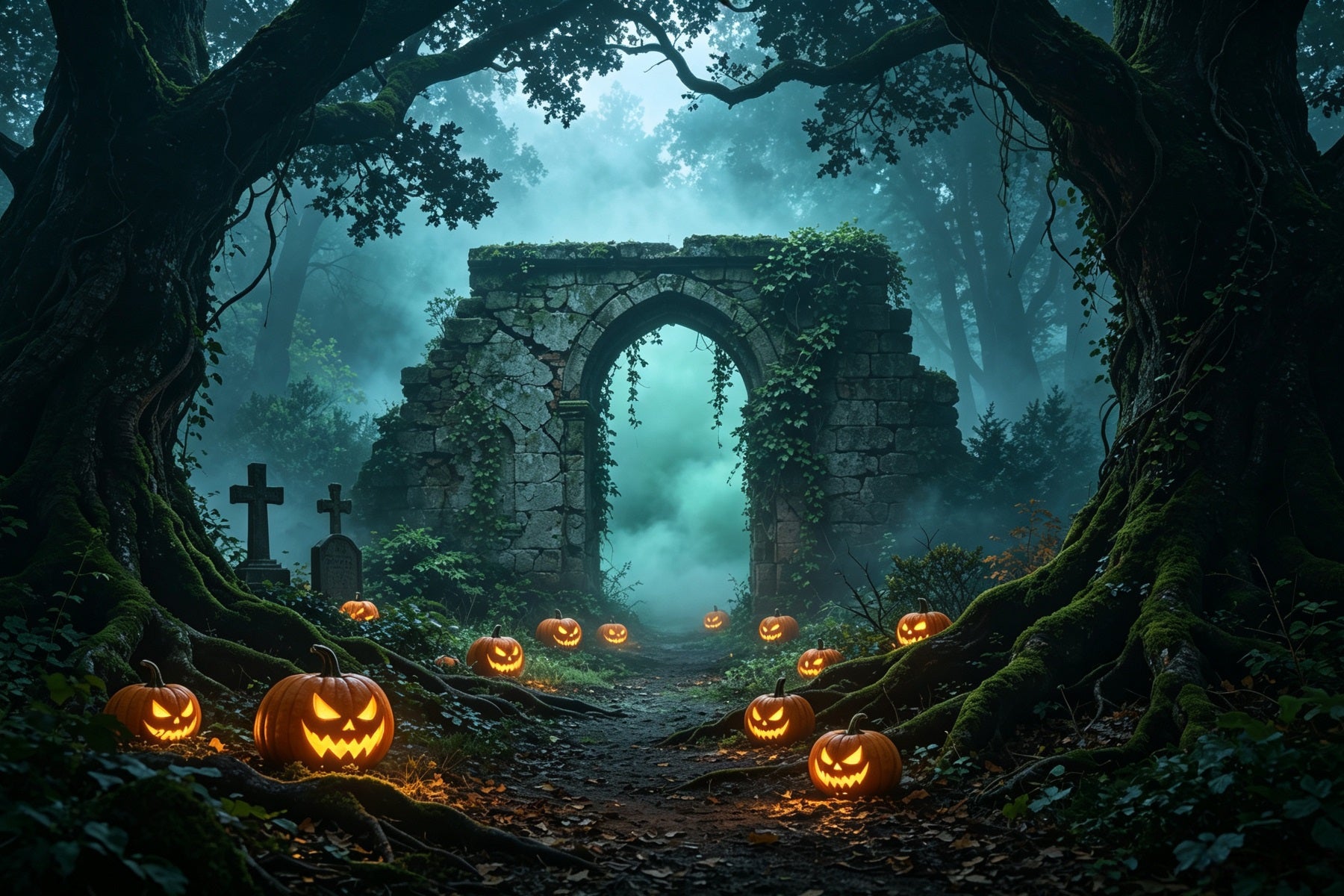 Halloween Forest Backdrop Misty Pumpkin Ruins Path Halloween Wall Backdrops GQ67-88