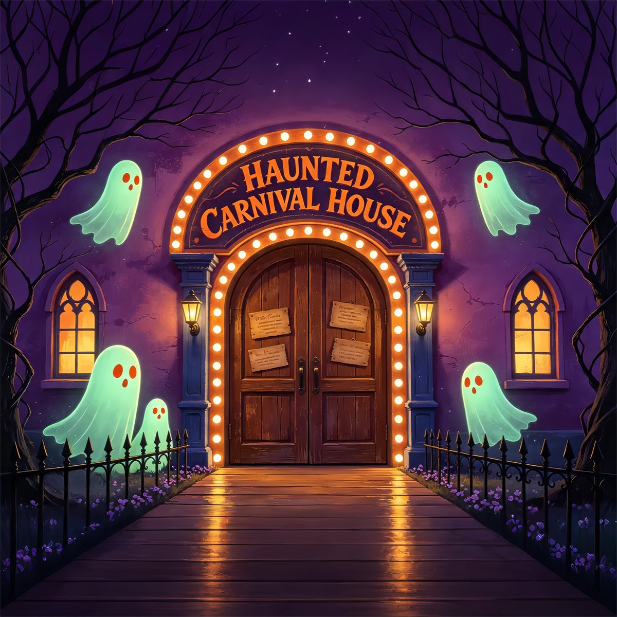 Halloween Carnival Backdrop Glowing Ghost House Entrance Halloween Scary Backdrops GQ67-89