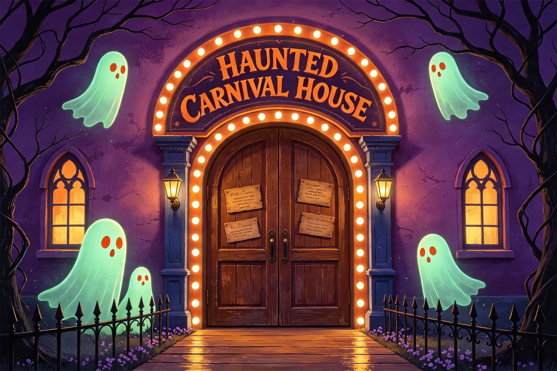 Halloween Carnival Backdrop Glowing Ghost House Entrance Halloween Scary Backdrops GQ67-89