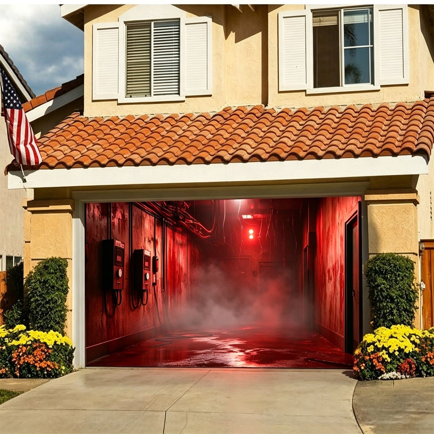 Spooky Backdrop Red Fog Industrial Corridor Halloween Garage Door Sign GQ67-9