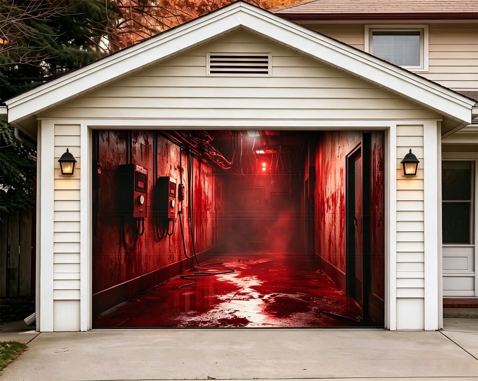 Spooky Backdrop Red Fog Industrial Corridor Halloween Garage Door Sign GQ67-9-1 car