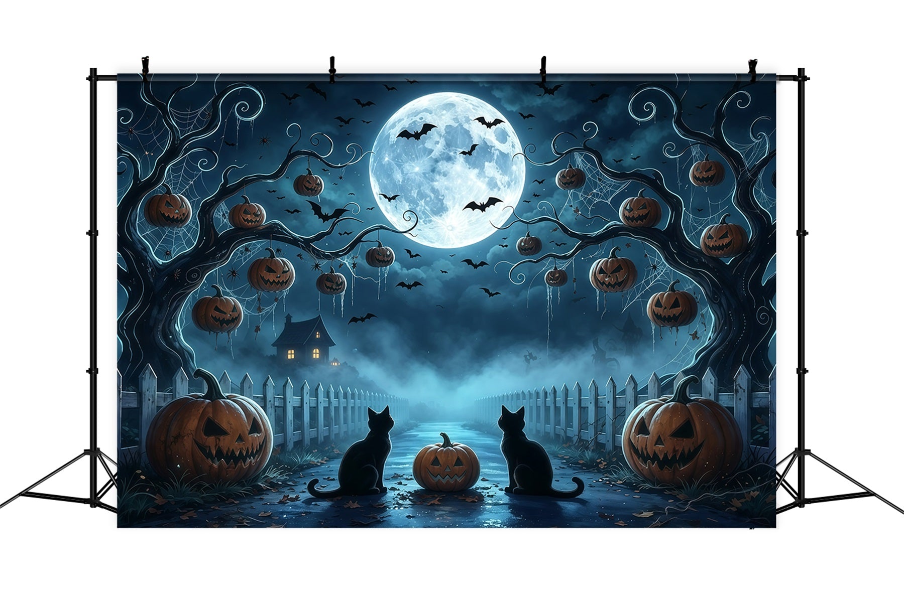 Spooky Tree Backdrop Moonlit Cat Pumpkin Path 10x10 Halloween Backdrop GQ67-91