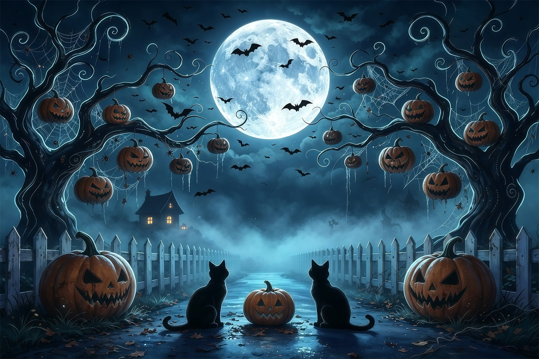 Spooky Tree Backdrop Moonlit Cat Pumpkin Path 10x10 Halloween Backdrop GQ67-91