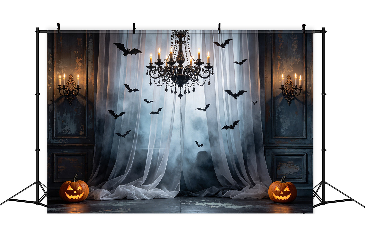 Bat Backdrop Foggy Curtain Chandelier Hall Halloween Scary Backdrop GQ67-92