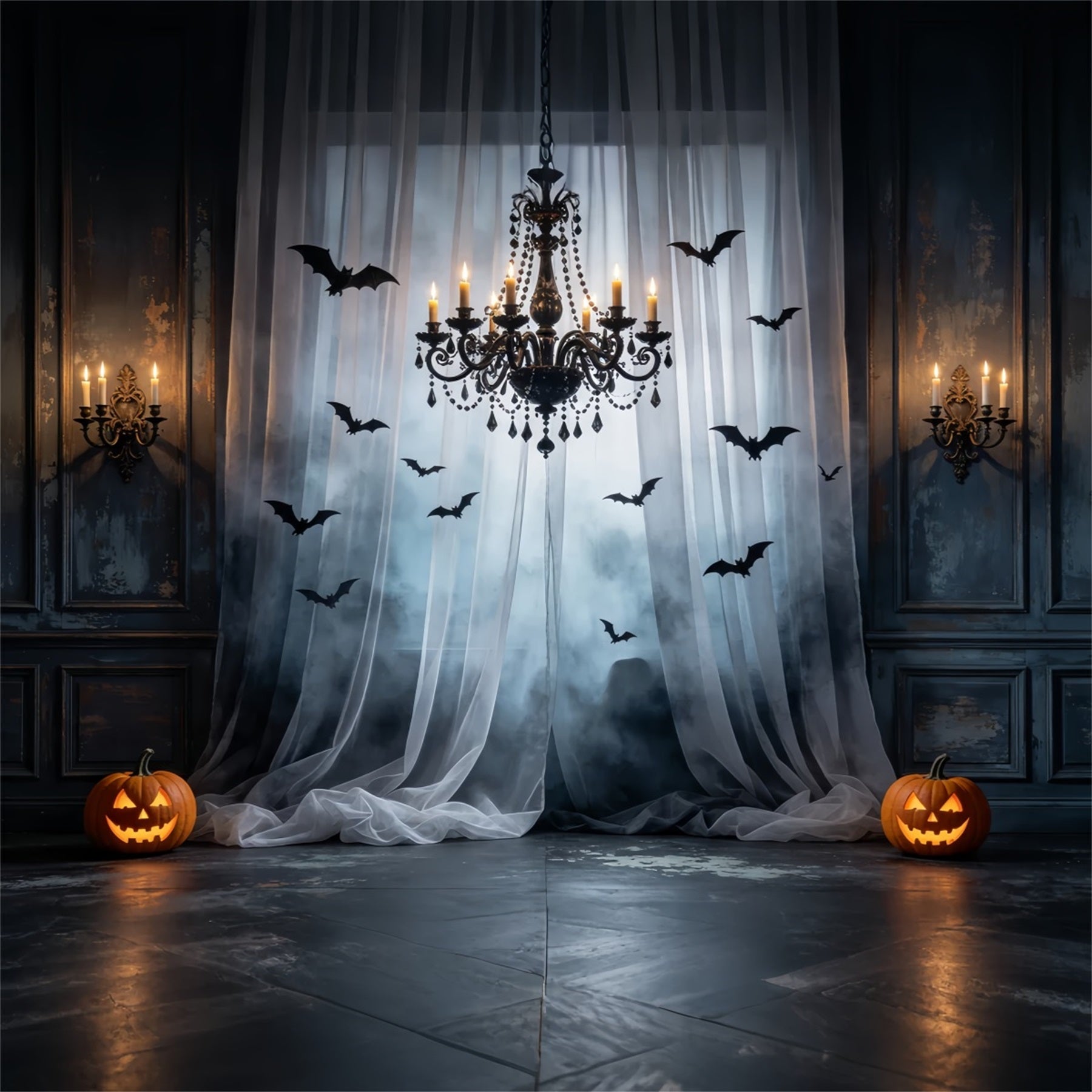 Bat Backdrop Foggy Curtain Chandelier Hall Halloween Scary Backdrop GQ67-92
