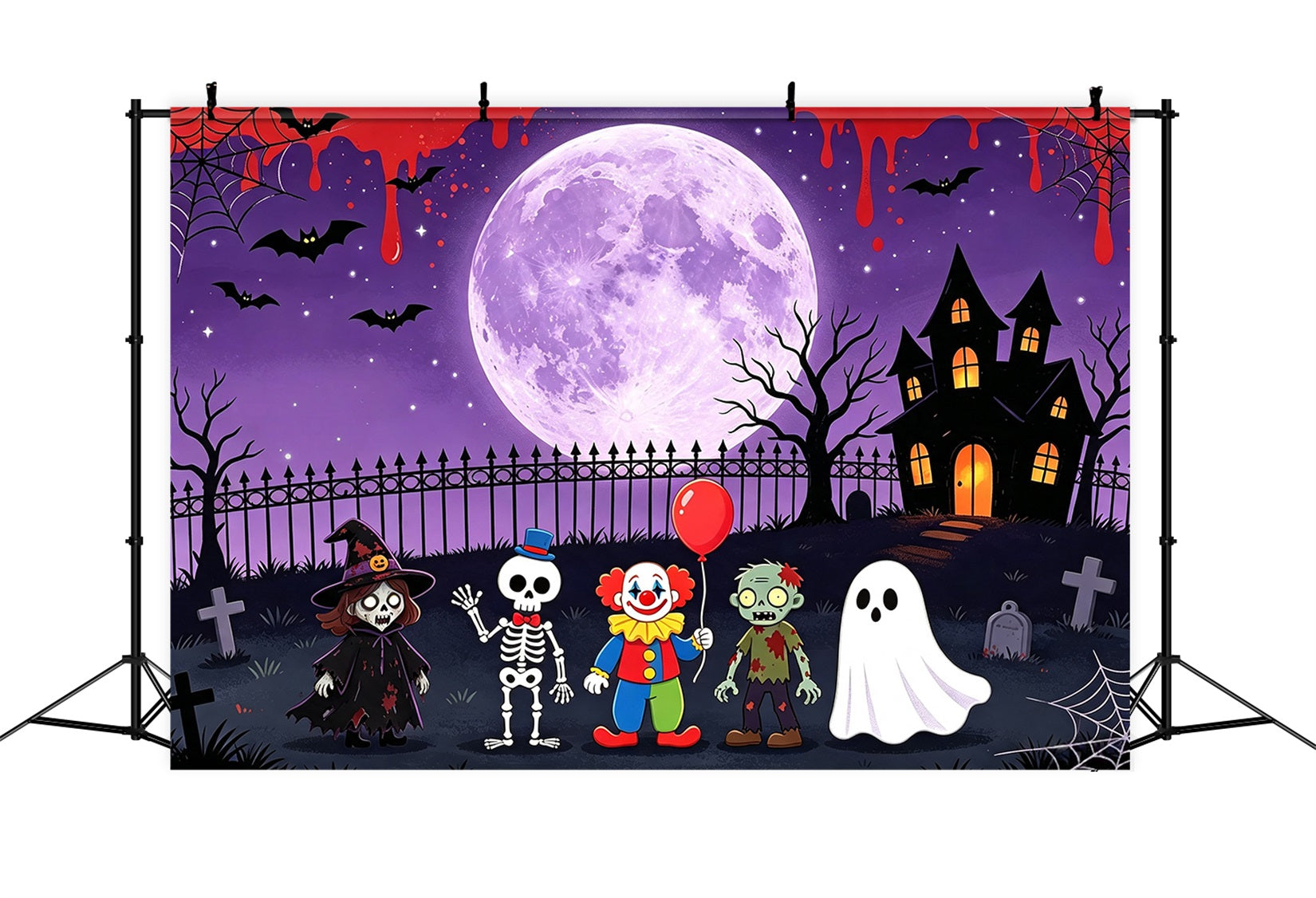 Ghost Stage Backdrop Cartoon Monster Moonlit Gathering Purple Halloween Backdrop GQ67-93