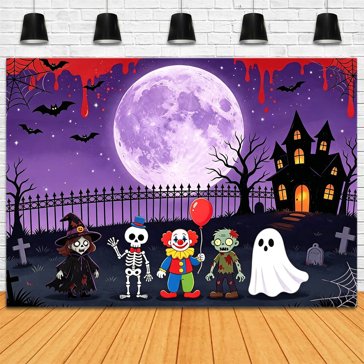 Ghost Stage Backdrop Cartoon Monster Moonlit Gathering Purple Halloween Backdrop GQ67-93