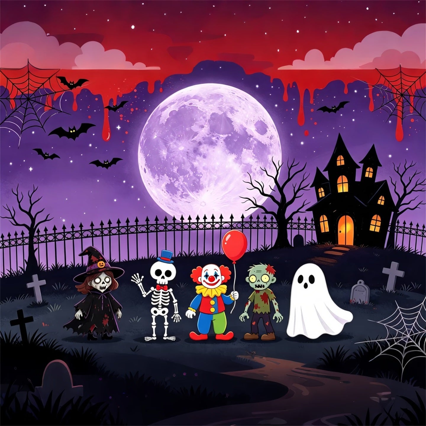 Ghost Stage Backdrop Cartoon Monster Moonlit Gathering Purple Halloween Backdrop GQ67-93