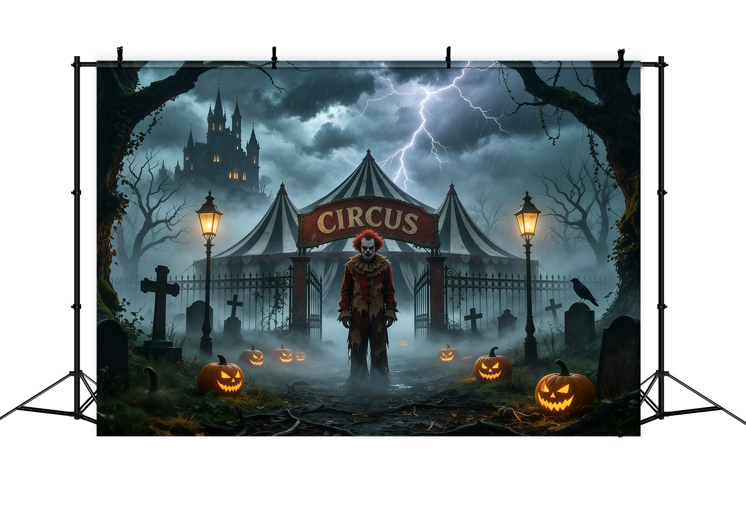 Halloween Clown Backdrop Stormy Circus Tent Graveyard Creepy Halloween Backdrop GQ67-94