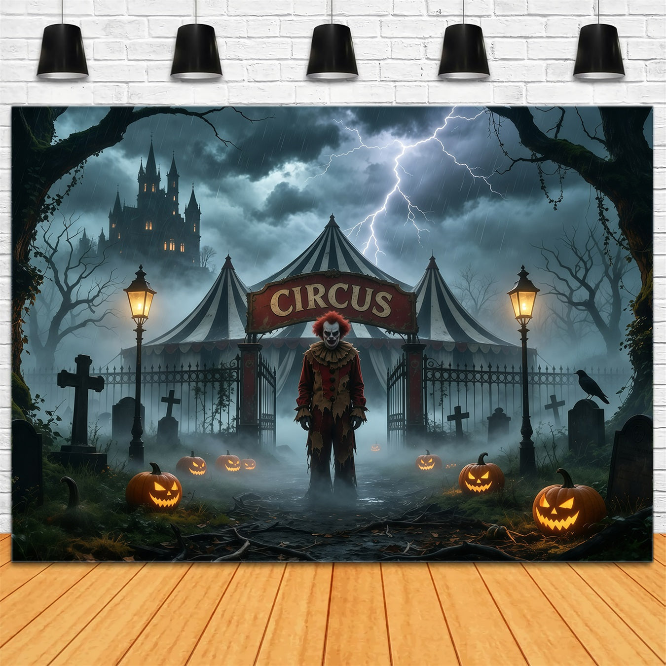 Halloween Clown Backdrop Stormy Circus Tent Graveyard Creepy Halloween Backdrop GQ67-94