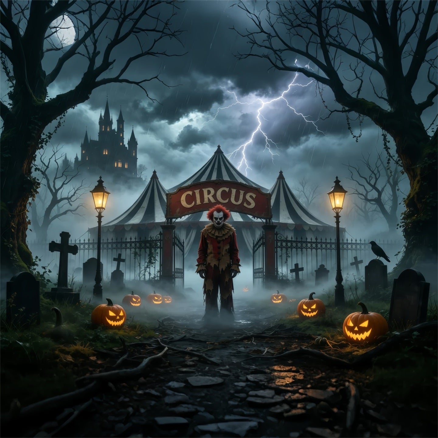Halloween Clown Backdrop Stormy Circus Tent Graveyard Creepy Halloween Backdrop GQ67-94