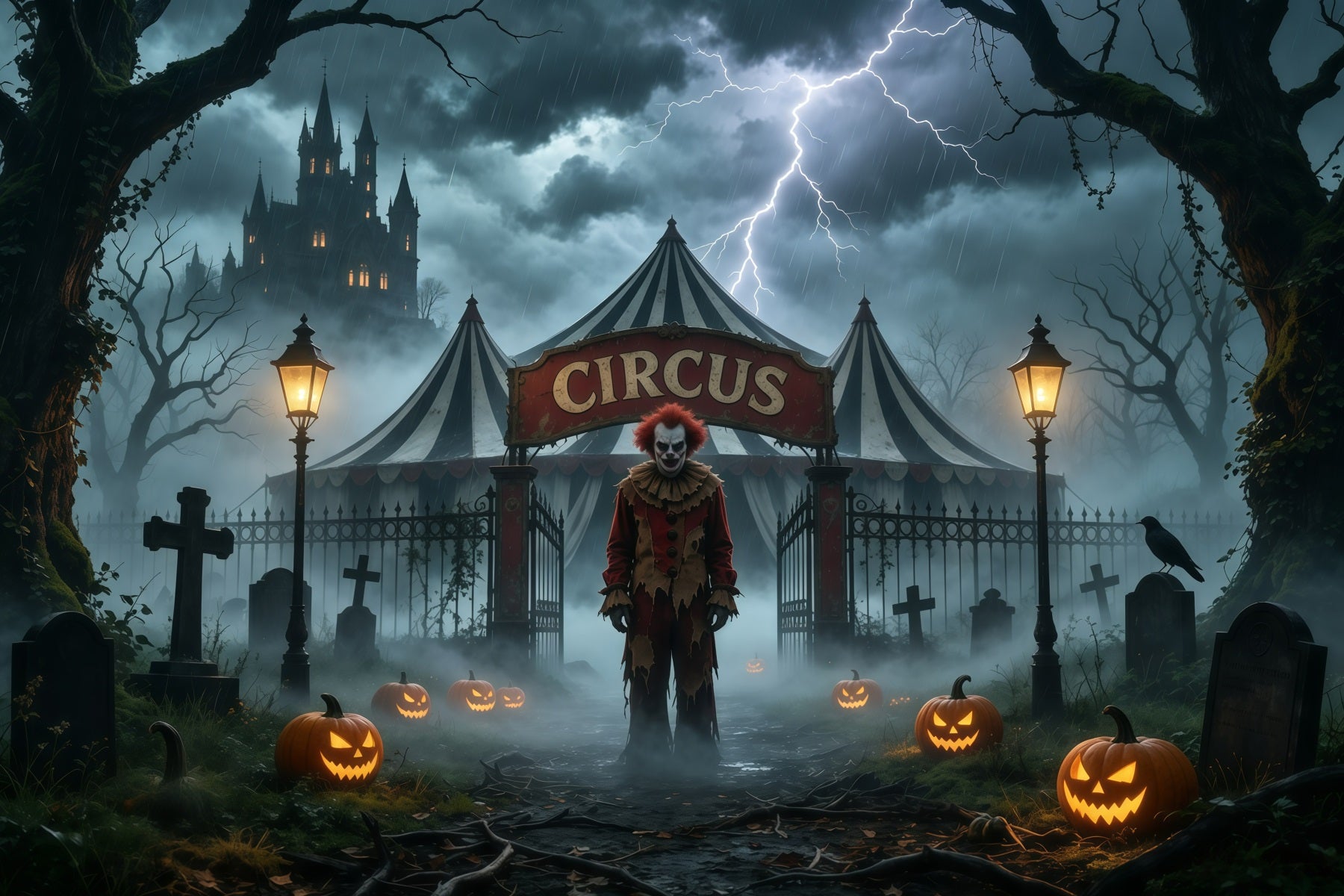 Halloween Clown Backdrop Stormy Circus Tent Graveyard Creepy Halloween Backdrop GQ67-94