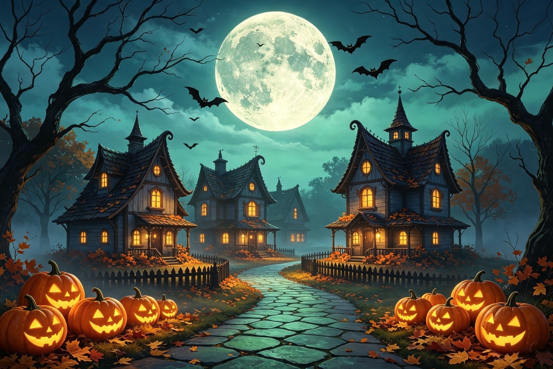 Backdrop For Halloween Village Moonlit Pumpkin Cottage Horror Movie Backdrop GQ67-96