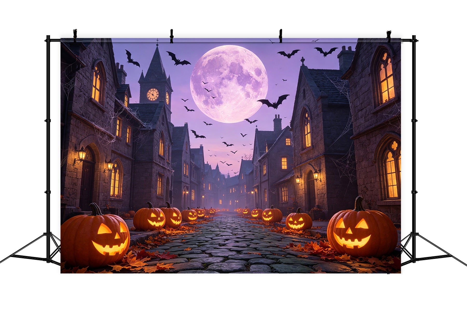 Bats Backdrop Purple Moonlit Pumpkin Street Backdrop For Halloween GQ67-97