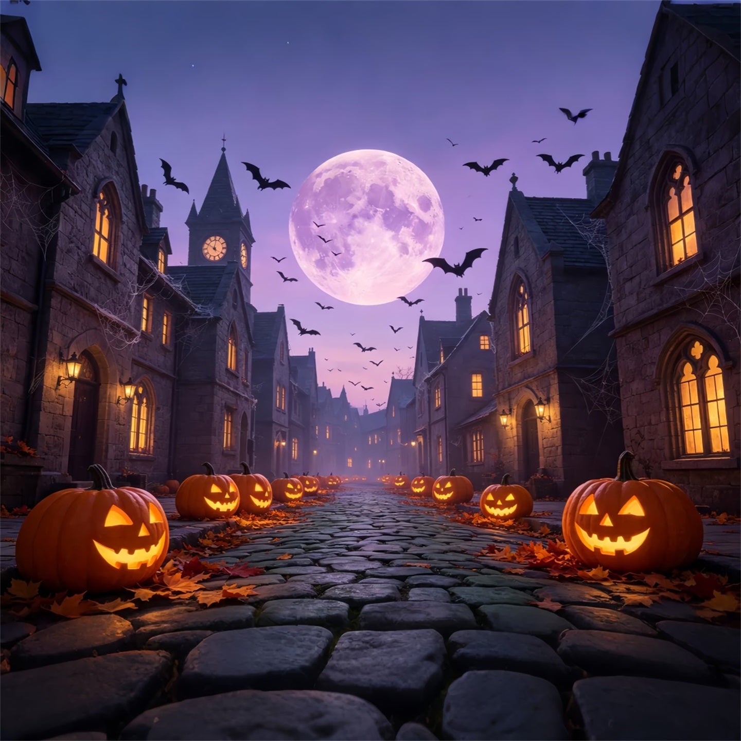 Bats Backdrop Purple Moonlit Pumpkin Street Backdrop For Halloween GQ67-97