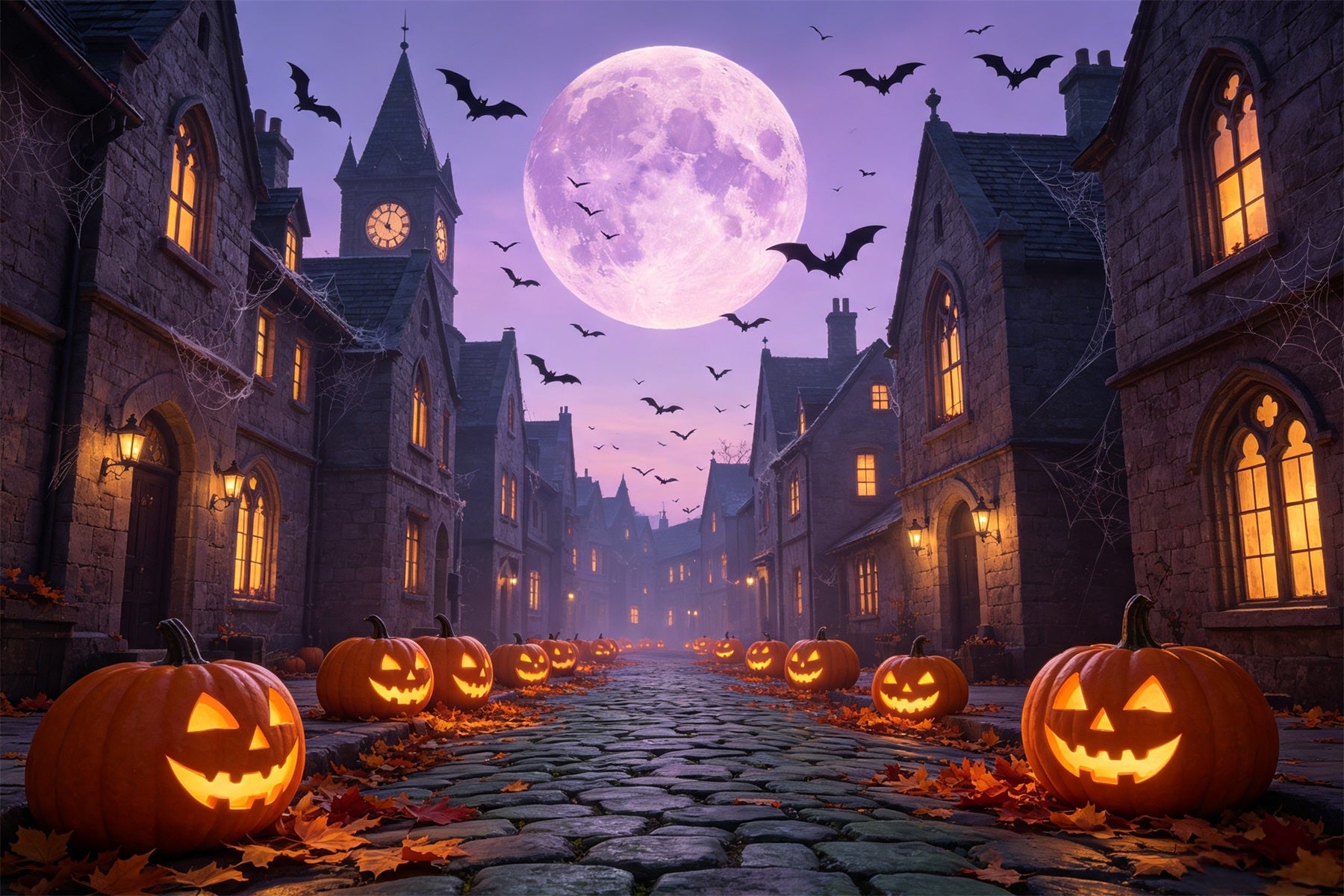 Bats Backdrop Purple Moonlit Pumpkin Street Backdrop For Halloween GQ67-97