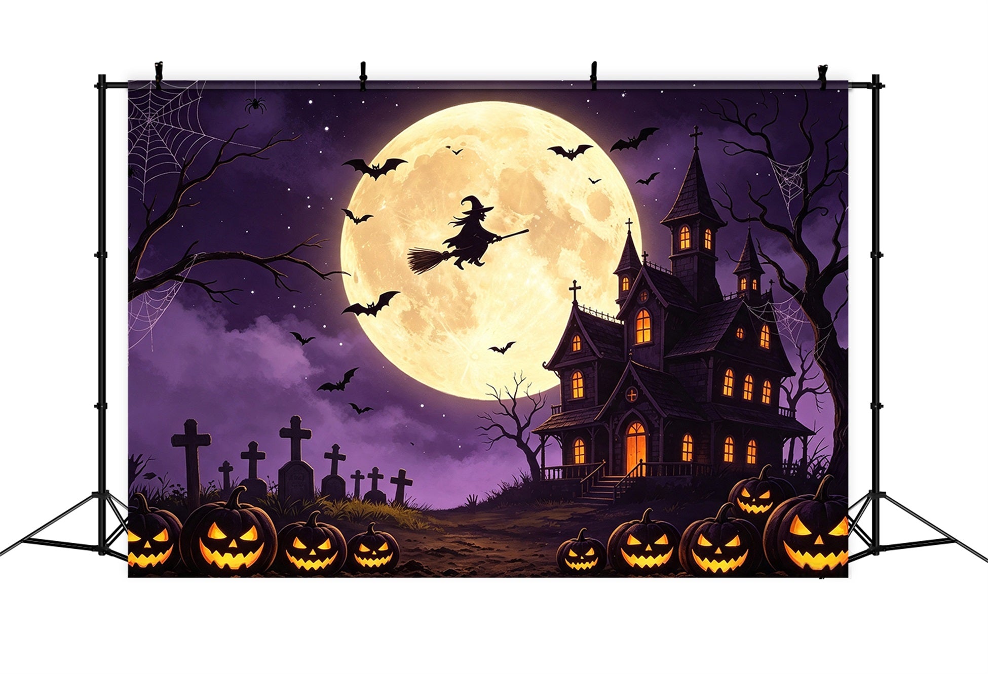 Spooky Sky Backdrop Flying Witch Pumpkin Manor Happy Halloween Backdrop GQ67-98