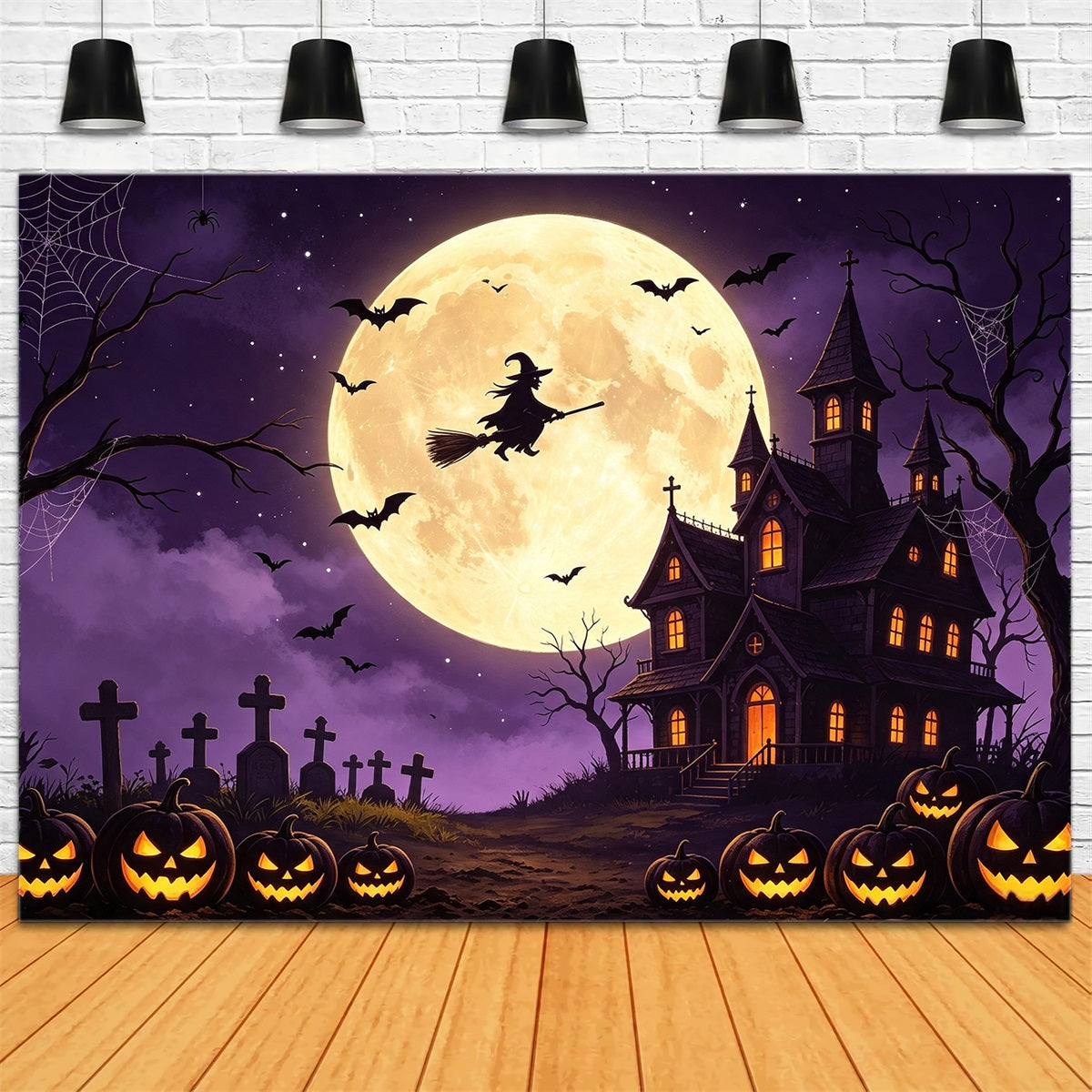 Spooky Sky Backdrop Flying Witch Pumpkin Manor Happy Halloween Backdrop GQ67-98