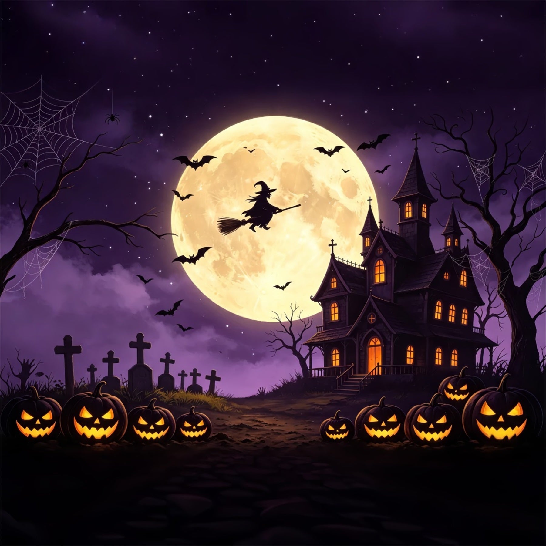 Spooky Sky Backdrop Flying Witch Pumpkin Manor Happy Halloween Backdrop GQ67-98