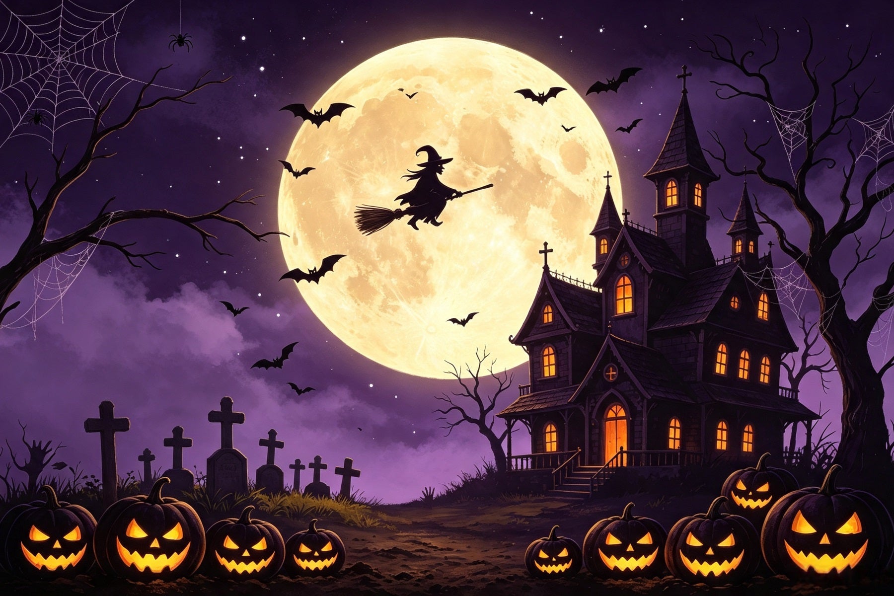 Spooky Sky Backdrop Flying Witch Pumpkin Manor Happy Halloween Backdrop GQ67-98