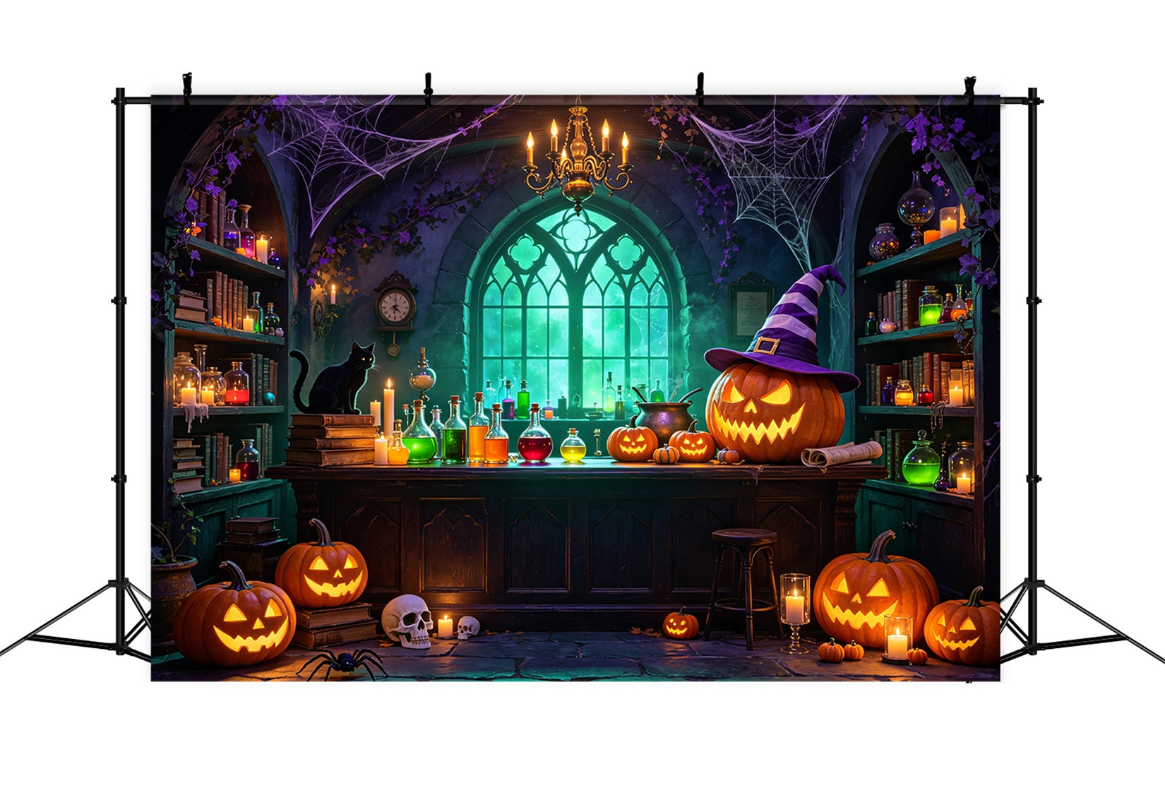 Witches Kitchen Backdrop Banner Glowing Pumpkin Potion Laboratory Magic Show Backdrops GQ67-99