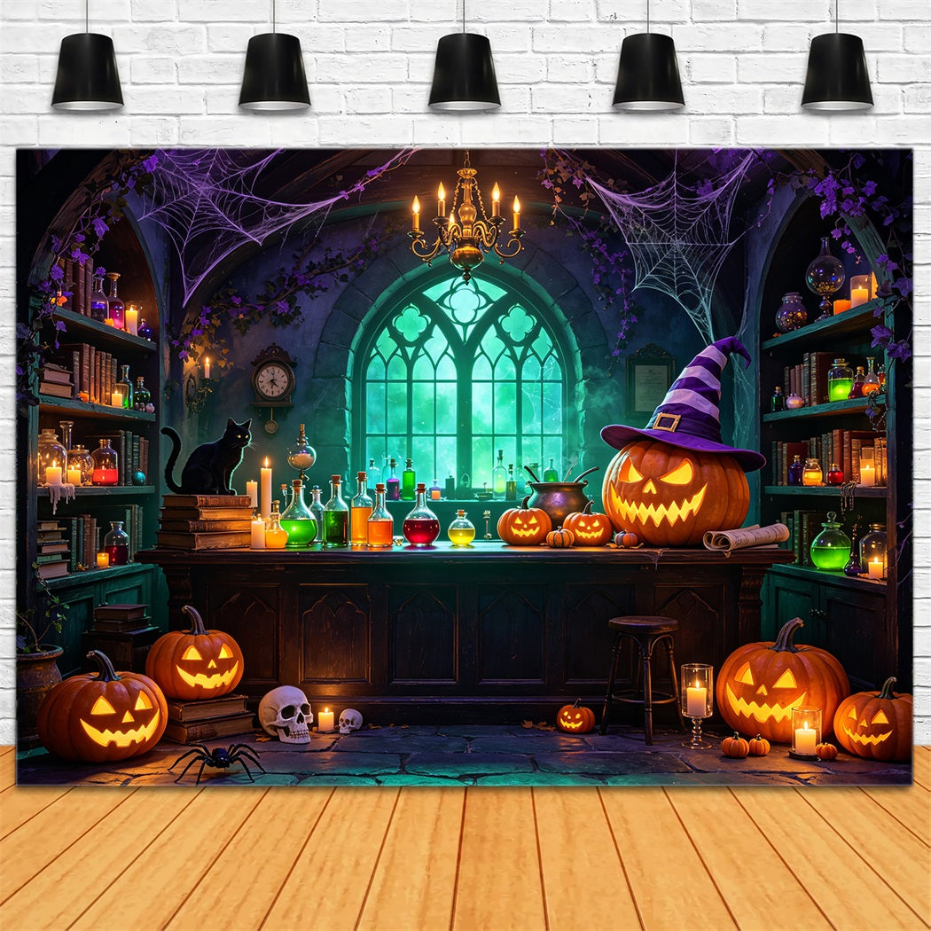 Witches Kitchen Backdrop Banner Glowing Pumpkin Potion Laboratory Magic Show Backdrops GQ67-99