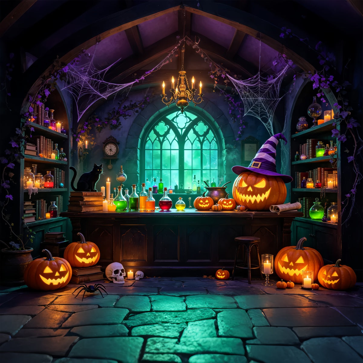 Witches Kitchen Backdrop Banner Glowing Pumpkin Potion Laboratory Magic Show Backdrops GQ67-99
